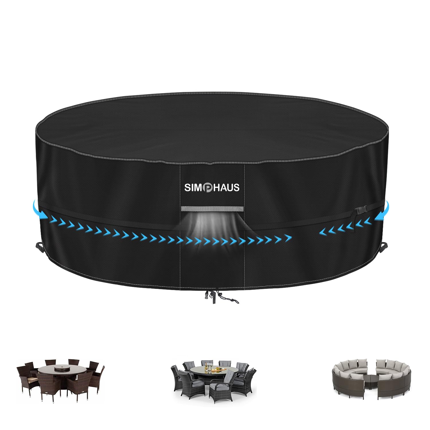 SIMPHAUS Copritavolo Rotondo da Esterno Copertura SPA Gonfiabile Telo rotondo Copri Mobili da Giardino Copritavolo Impermeabile Tessuto Oxford 420D Antivento Antipolvere Anti-UV Ø200x80cm