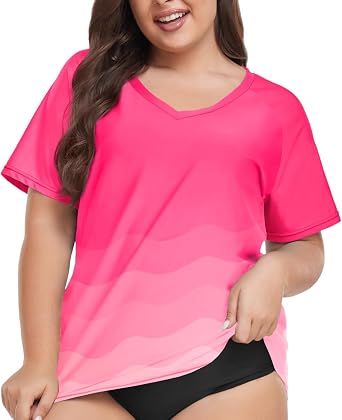 FOREYOND Plus Size Rash Guard Shirt for Women Short Sleeve Swim Top UV UPF 50+ Sun Protection Summer Swim Shirts Swim Suit