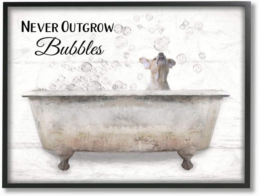 Stupell Industries Never Outgrow Bubbles Bath Dog in Tub Word Design Wall Art, 16 x 20, Grey Framed