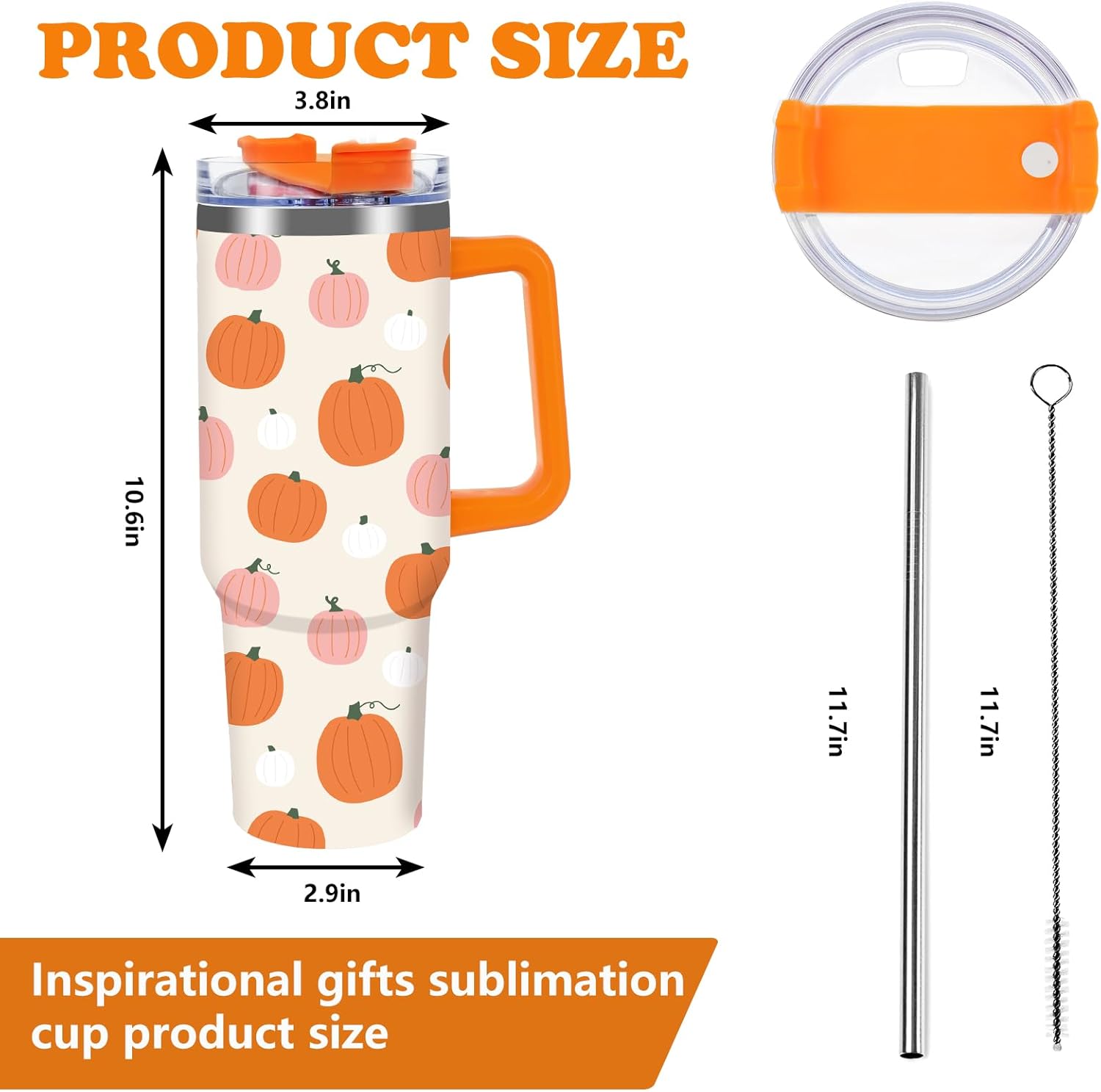Whaline 1Pc Fall Tumbler with Handle Lid Straw 40oz Autumn Orange Pink Pumpkin Stainless Steel Travel Tumbler Cup for Thanksgiving Iced Coffee Party Favor - Image 2