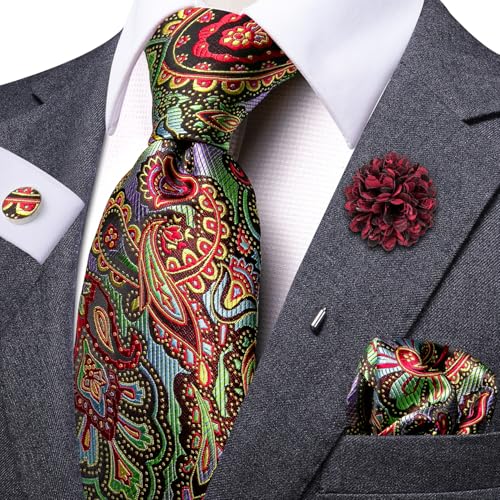 Image of Dubulle Mens Tie and Lapel Pin Paisley Striped Floral Necktie for Men Pocket Square Cufflinks 4PCS Set Wedding Party