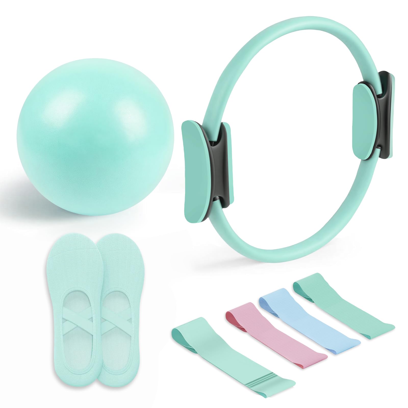 Pilates Essential Kit - Portable Fitness Equipment - with Toning Pilates Ring & Long Resistance Bands & Pilates Loop Bands & Soft Pilates Ball & Pilates Grip Socks