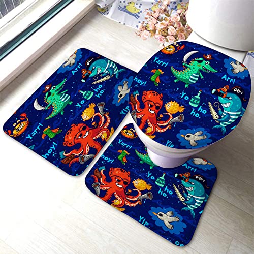 Badezimmerteppich-Set, 3-teilig, Unterwasserpiraten, Krokodil, Krake, Hai, Krabbe, waschbare Badeteppiche, rutschfest, mit Rückenpolster, Konturteppich und Toilettendeckelbezug
