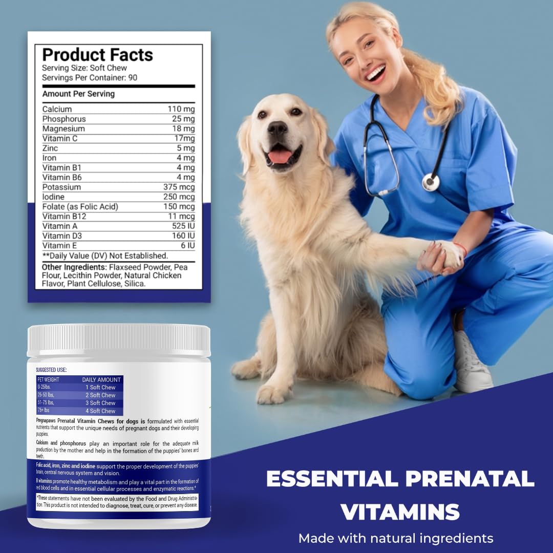 Complément Grossesse pour Chiens – Vitamines Prénatales Naturelles pour Mamans et Chiots en Bonne Santé – Acide Folique, Fer, Calcium – 90 Comprimés à Croquer au Goût Poulet