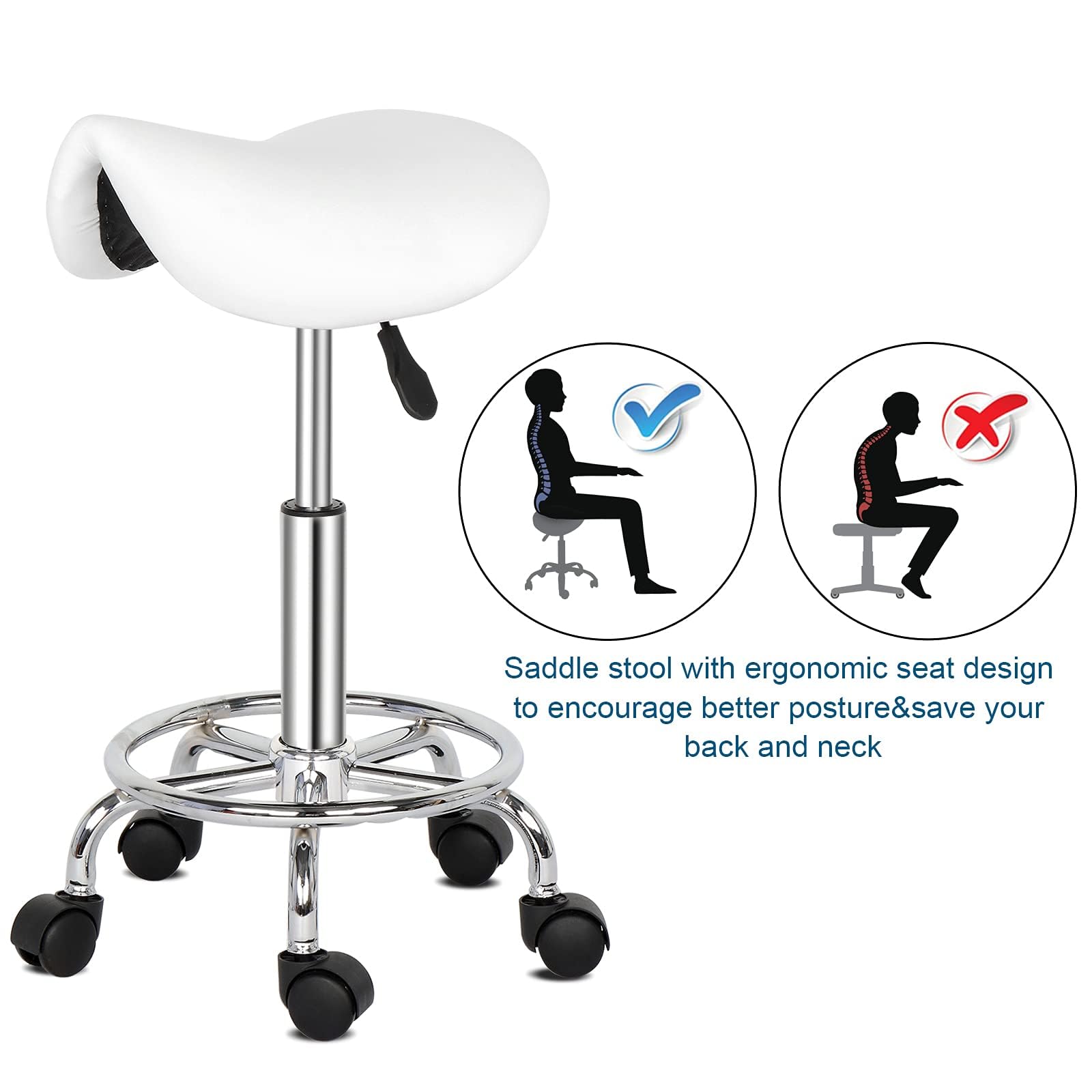 Bonnlo Tabouret de Selle, Tabouret à roulettes Réglable en Hauteur, Tabouret de Travail Pivotant à 360°, Tabouret Pivotant pour Bureau/Salon/Bar, Similicuir (1, Blanc, 65 x 37 x 34 cm)