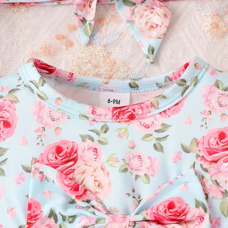 Image of Niren Enterprise Long Sleeve Printed Flower Belted Round Neck Baby Girl Frock with Knee-Length and A-Line Style
