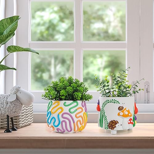 Miniatura 6 de COTYNI Bonita maceta de arco iris con orificio de drenaje, macetas pequeñas de 4.2 pulgadas para plantas de interior y exterior, maceta única para
