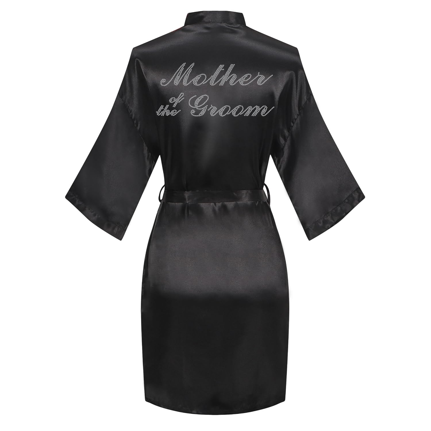 Women's Satin Robe Bride Bridesmaid Short Kimono Robes with Silver Rhinestones for Wedding Party Getting Ready