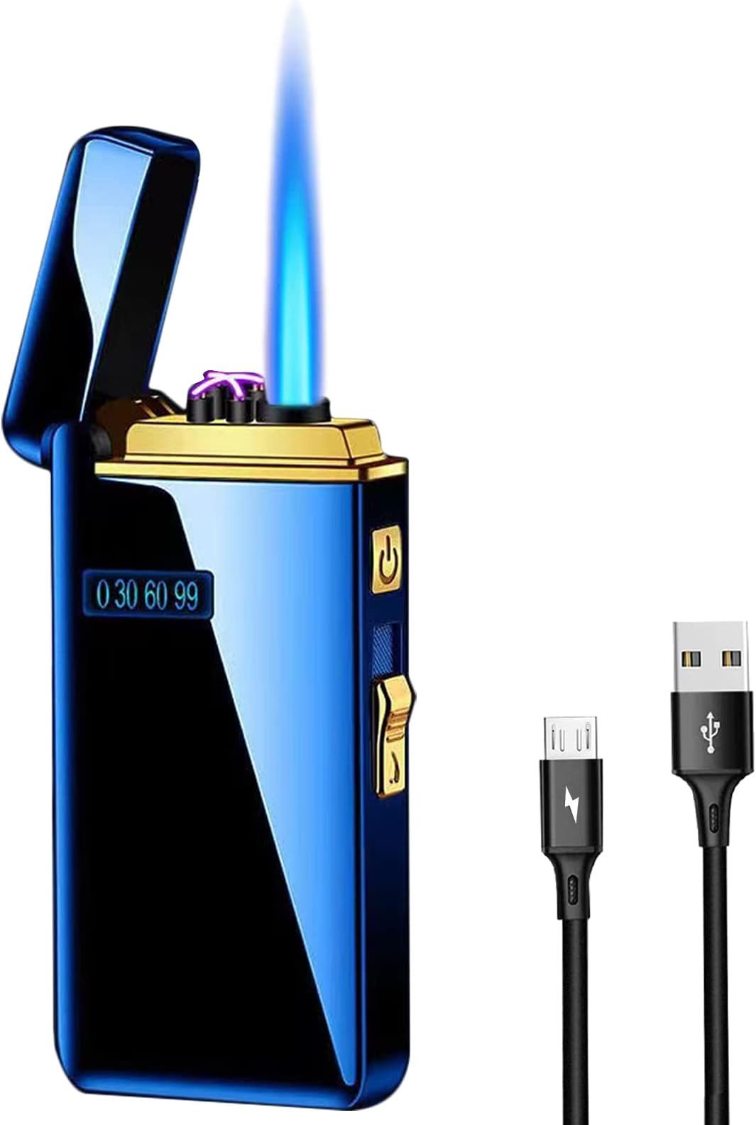 Arc Jet Flame Torch 2 in 1 USB Rechargeable Lighter with Battery Indicator, Windproof, Refillable Butane, Cycle Charge Plasma (Ice Blue)