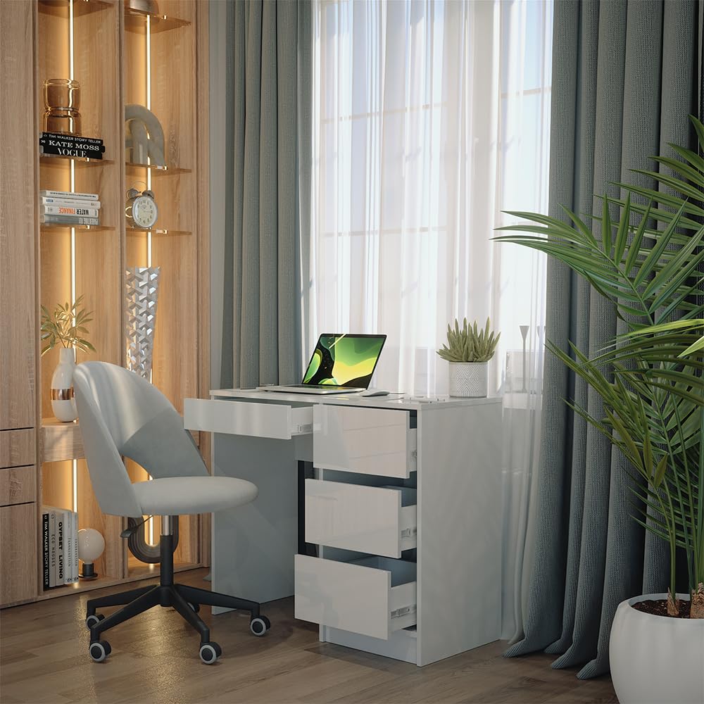 Vicco Bureau Sherry, Blanc Haute Brillance, 90x40cm | avec tiroirs, adapté à une utilisation peu encombrante dans les petits espaces de travail