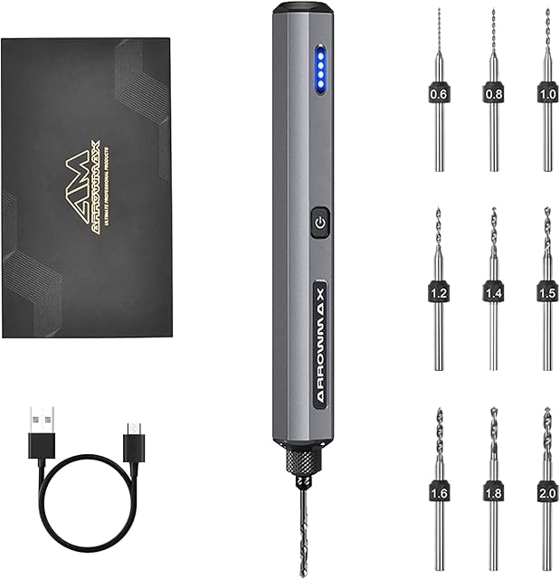 ARROWMAX Mini Electric Drill 11 in 1, Rechargeable, Cordless, Needle Vise Hand Drill kit, 10 PCB Drill bits, Drilling Tools, Craft Carving, DIY, Wood, Jewelry Making