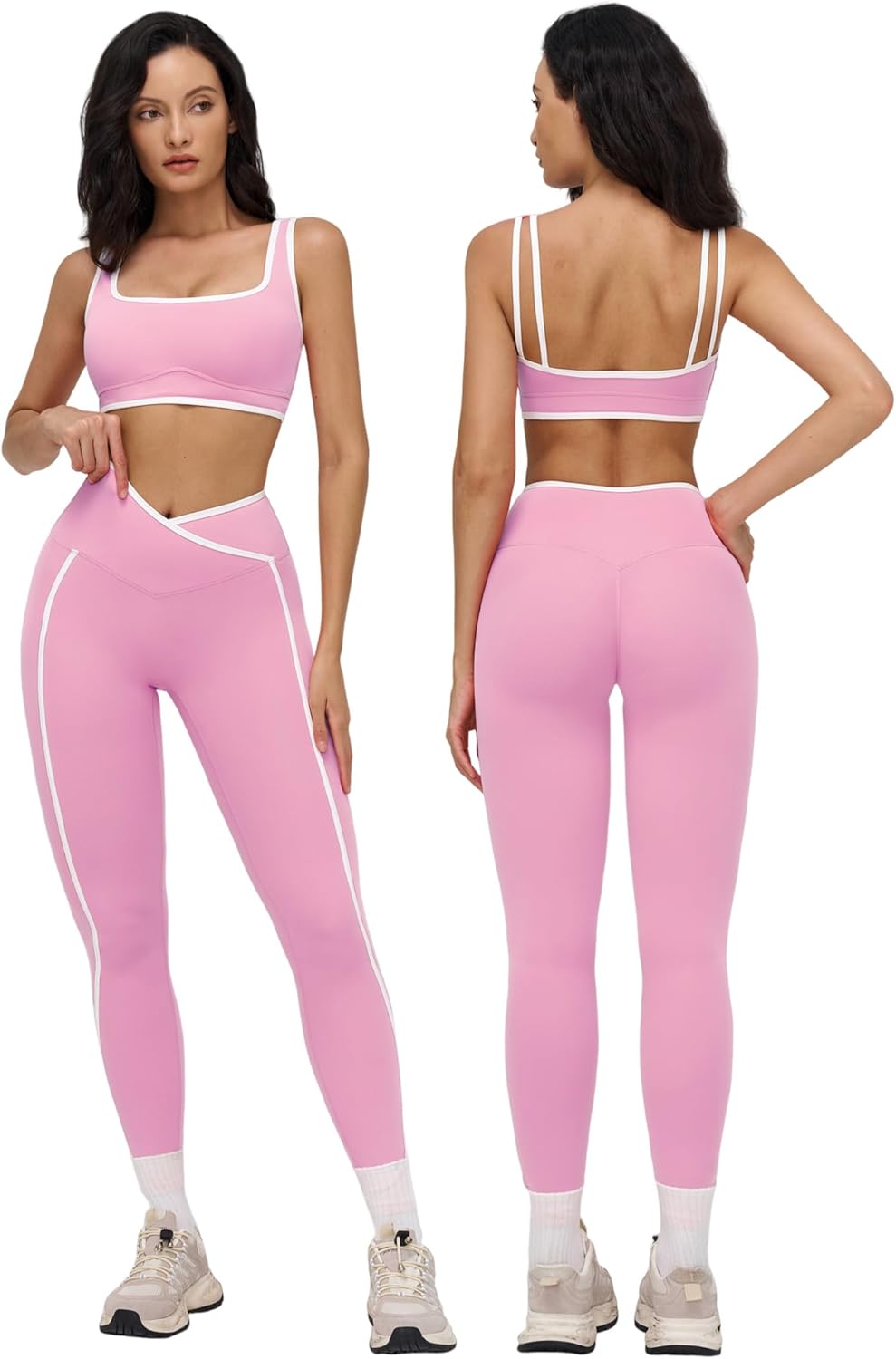 QBGJTD Womens Two Piece Workout Set Spaghetti Straps Color Block Sports Bra Matching High Waist Leggings Gym Work Out Outfits