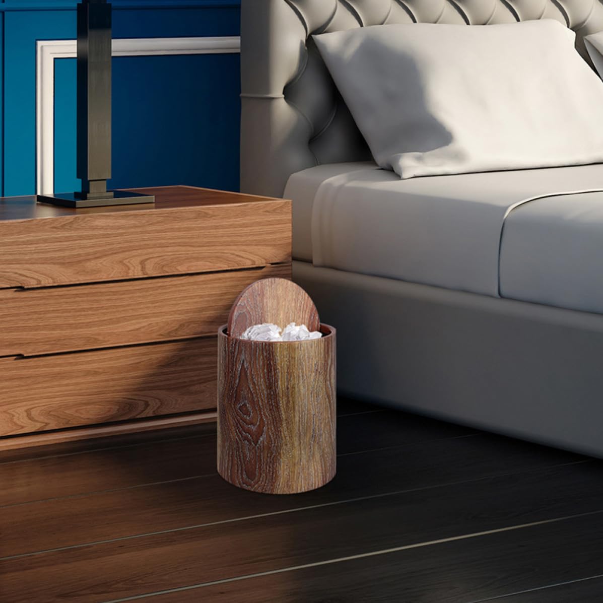 Totority Cubo de Basura de Plástico Diseño Imitación Madera, Capacidad 15l, Forma Redonda, Práctico y Resistente para Cocina o Dormitorios