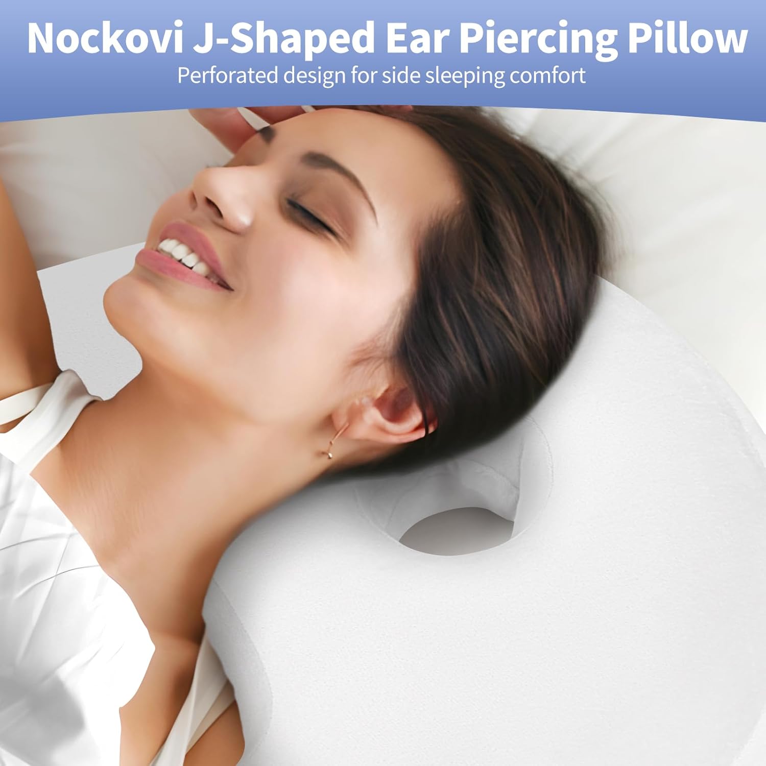 Ear Piercing Pillow - Side Sleeper Body Pillow with Ear Hole for Pain Relief, J-Shaped Ergonomic Support, 20x26 Inches (White) 20" x 26" White