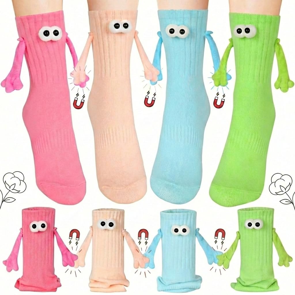 4 Pair Funny Magnetic Holding Hands Socks Funny Valentines Gifts for Her/Him Crazy Sock for Galentine's Day Women