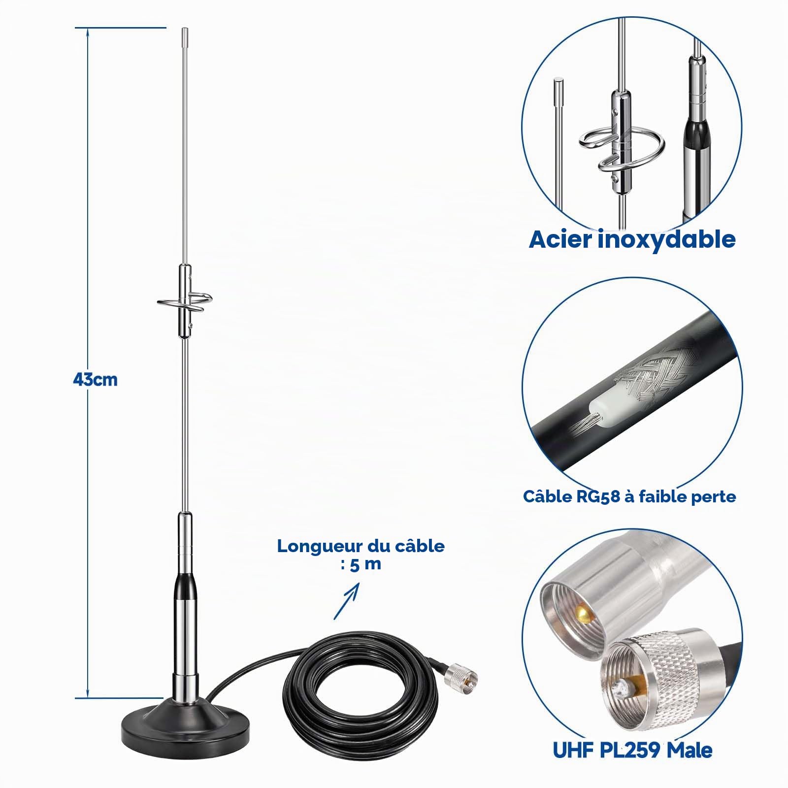Bingfu Antenne VHF UHF Vehicule Longue Portée Antirouille Mâle PL259 | Bibande 136-174/400-460 MHz, Base Magnétique, Câble 5 m, pour Radio Amateur / Mobile / VHF Marine, Camion Camping Car