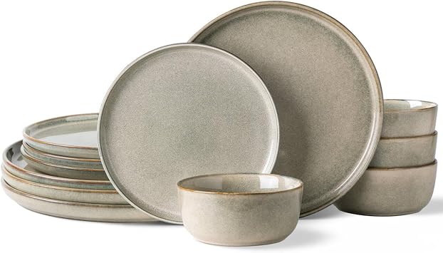 AmorArc Stoneware Dinnerware Sets for 4, 12Pcs Plates and Bowls Sets Dishes | Ceramic Round Reactive Glaze Dishes Set, Highly Scratch Resistant | Dishwasher & Microwave Safe Dishware