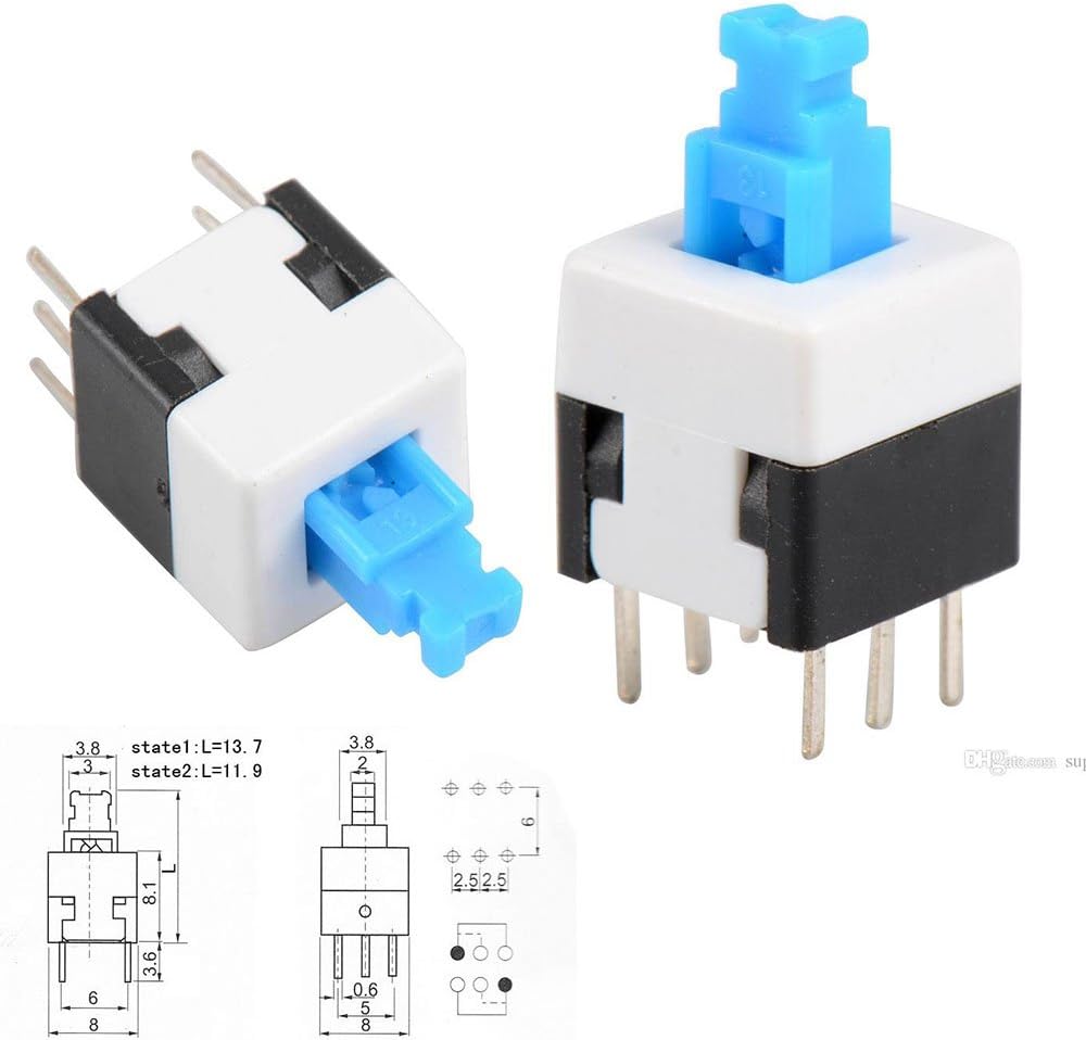 10 Pcs Preptec 8 x 8mm PCB Tactile Push Button Switch Self Latching Locking DPDT 6 Pin DIP