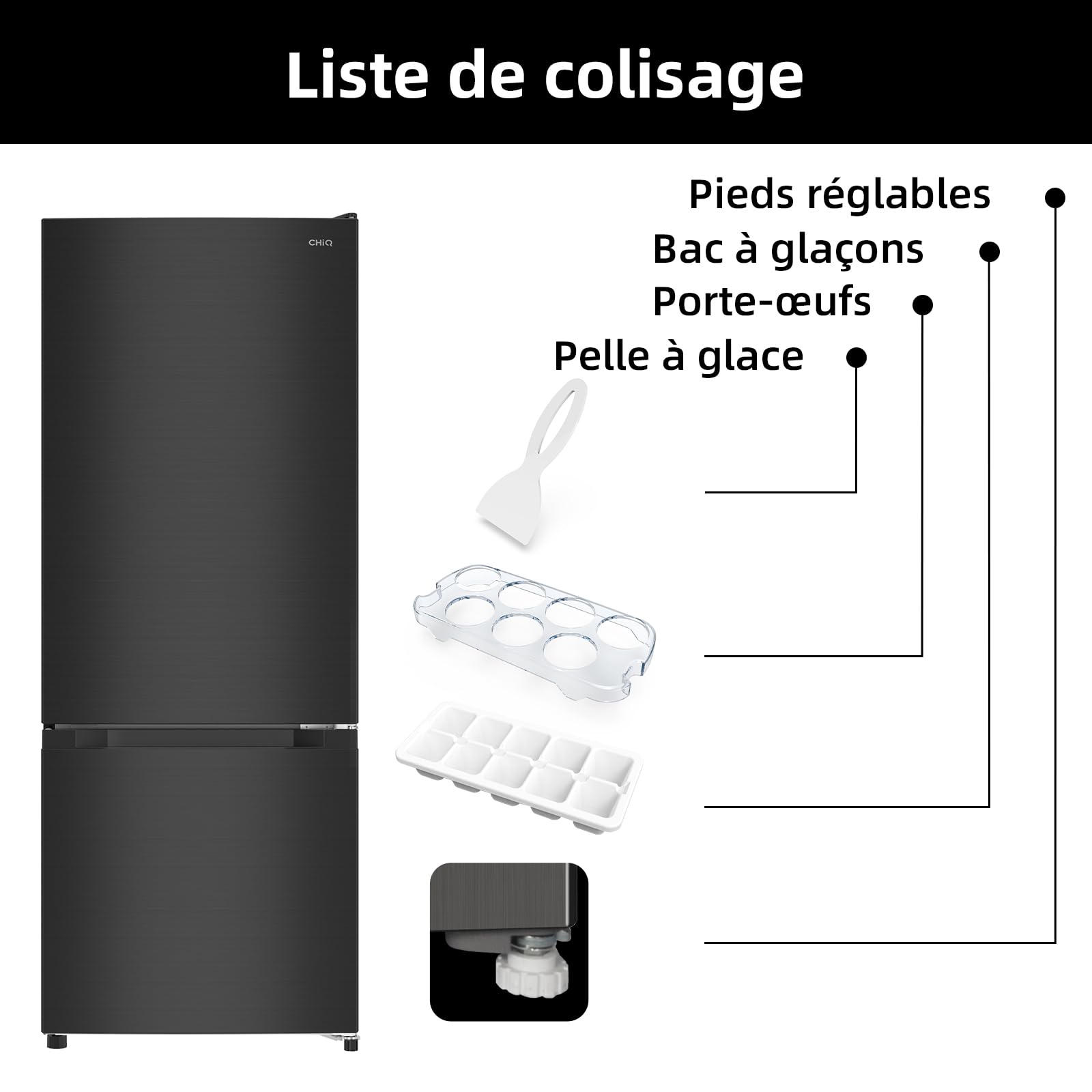 CHIQ Réfrigérateur congélateur FBM205L42-205L (153 + 52),Classe énergétique E, 39 dB, Acier noir, Low frost, Portes réversibles - 5