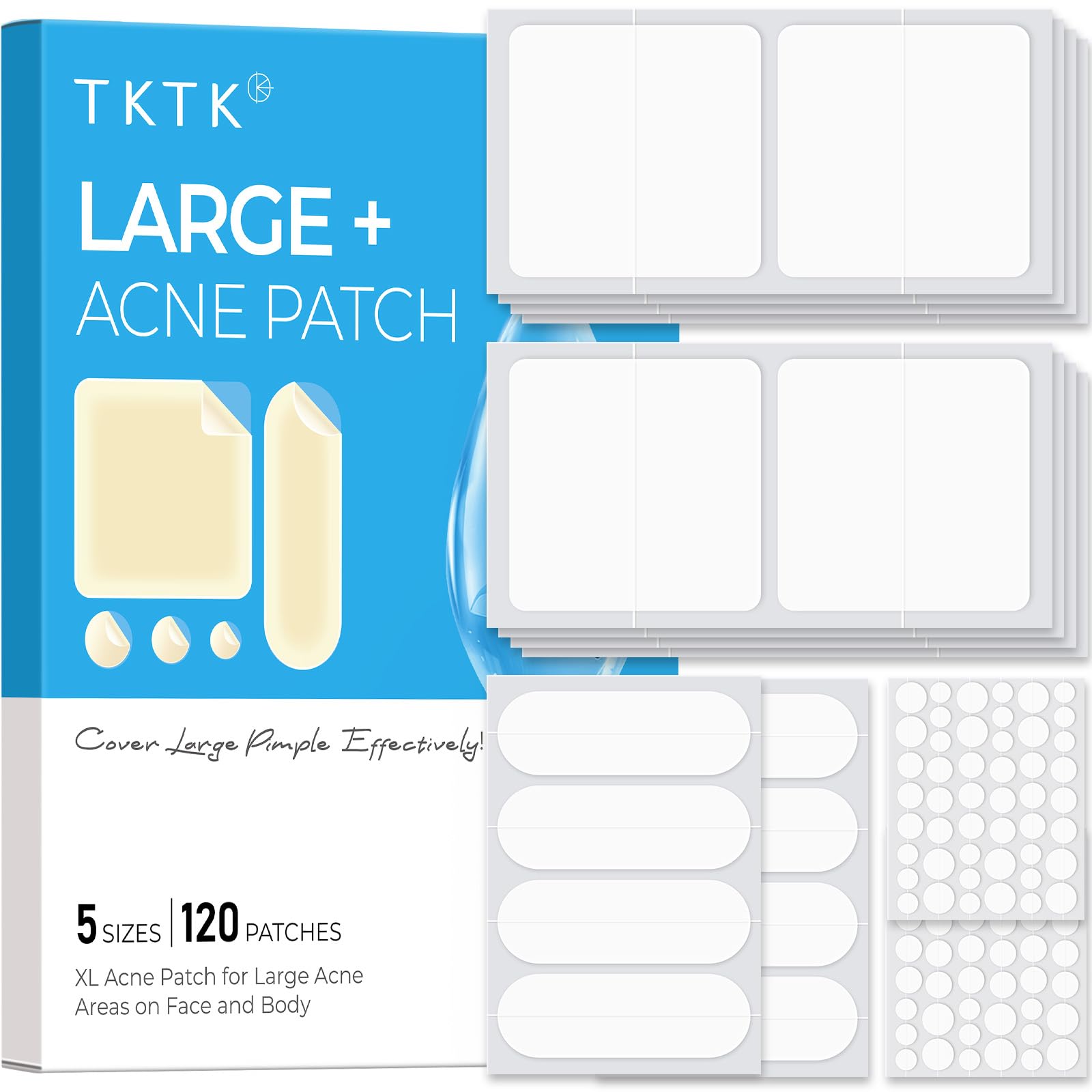 TKTK Hydrocolloid Bandages 45 x 45 mm Large Pimple Patches for Face XL Acne Patches for Body Back