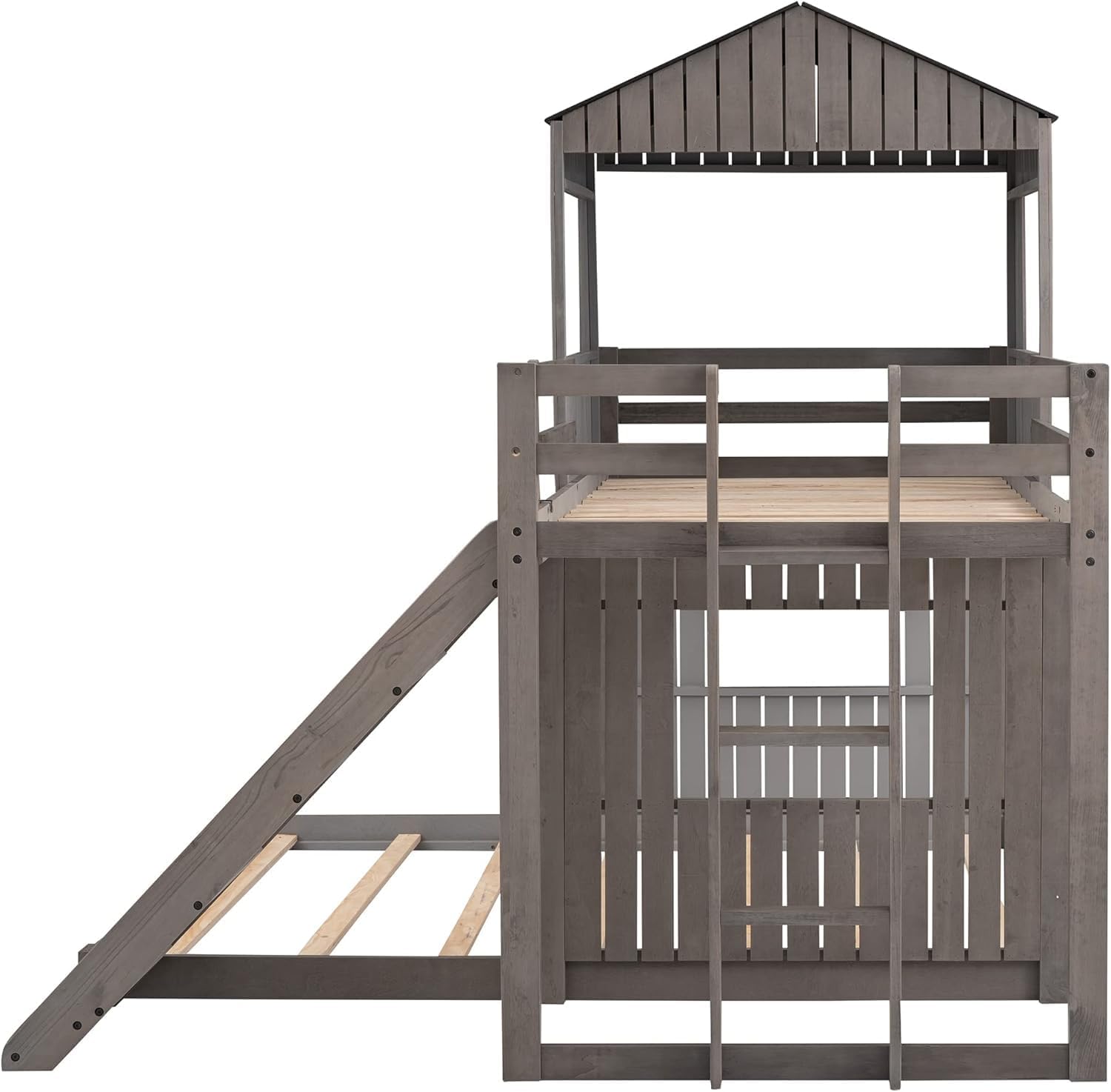 Side view of the MERITLINE bunk bed, focusing on the three-step ladder and the attached slide, demonstrating their integration into the bed's design.