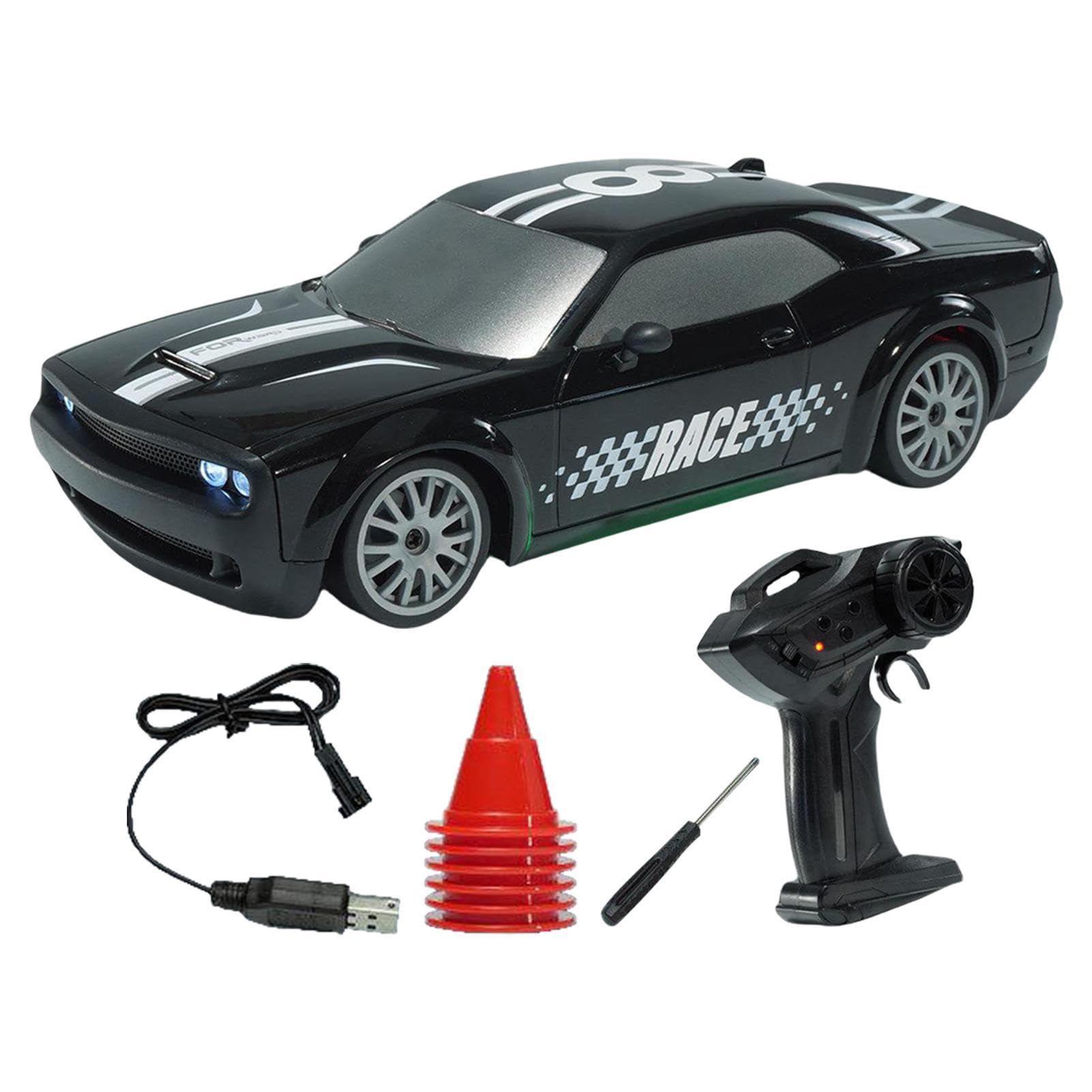 Coche Profesional 4WD RC Drift - Coche de Acrobacias con Control Remoto de Alta Velocidad | Coche de Deriva Recargable con Luces LED, vehículo Todoterreno competitivo, Alta Velocidad, neumáticos para