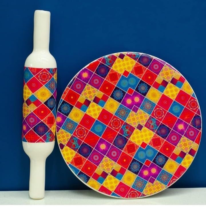 Home Arts Premium Natural Marble Chakla Roti Maker Rolling Board with Wooden Belan | No Dyes or Polish - Natural Finish | Chopping Board Home House Ghar Kitchen Rasoi Gift Decor (11.)