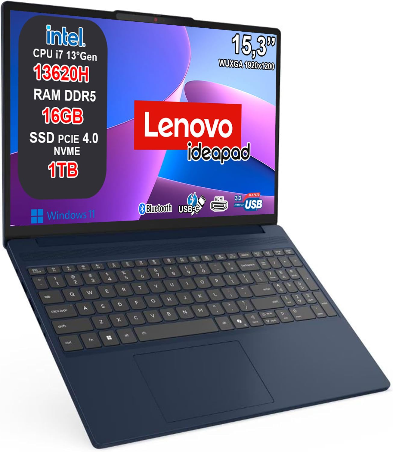 Lenovo Pc Portatile, Notebook i7 13620H, 16GB RAM DDR5, SSD 1TB, Display 15,3" WUXGA IPS, Computer Portatile, Laptop con Win11 Pro, Tastiera Retroilluminata, Ideapad Cosmic Blue EXCLUSIVE EDITION