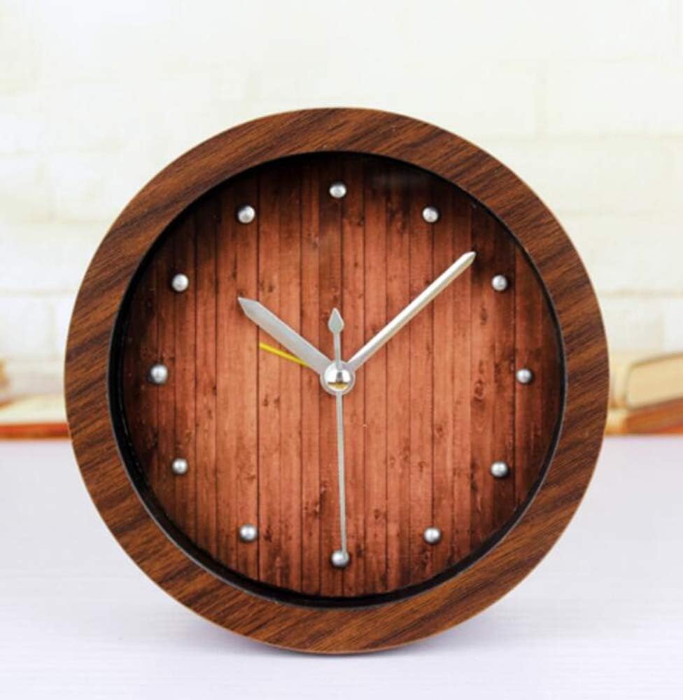 Mantel Clock Retro 3D Solid Metal Wooden Watch Home Creative Bedroom Bedside Desktop Clock 12x12cm