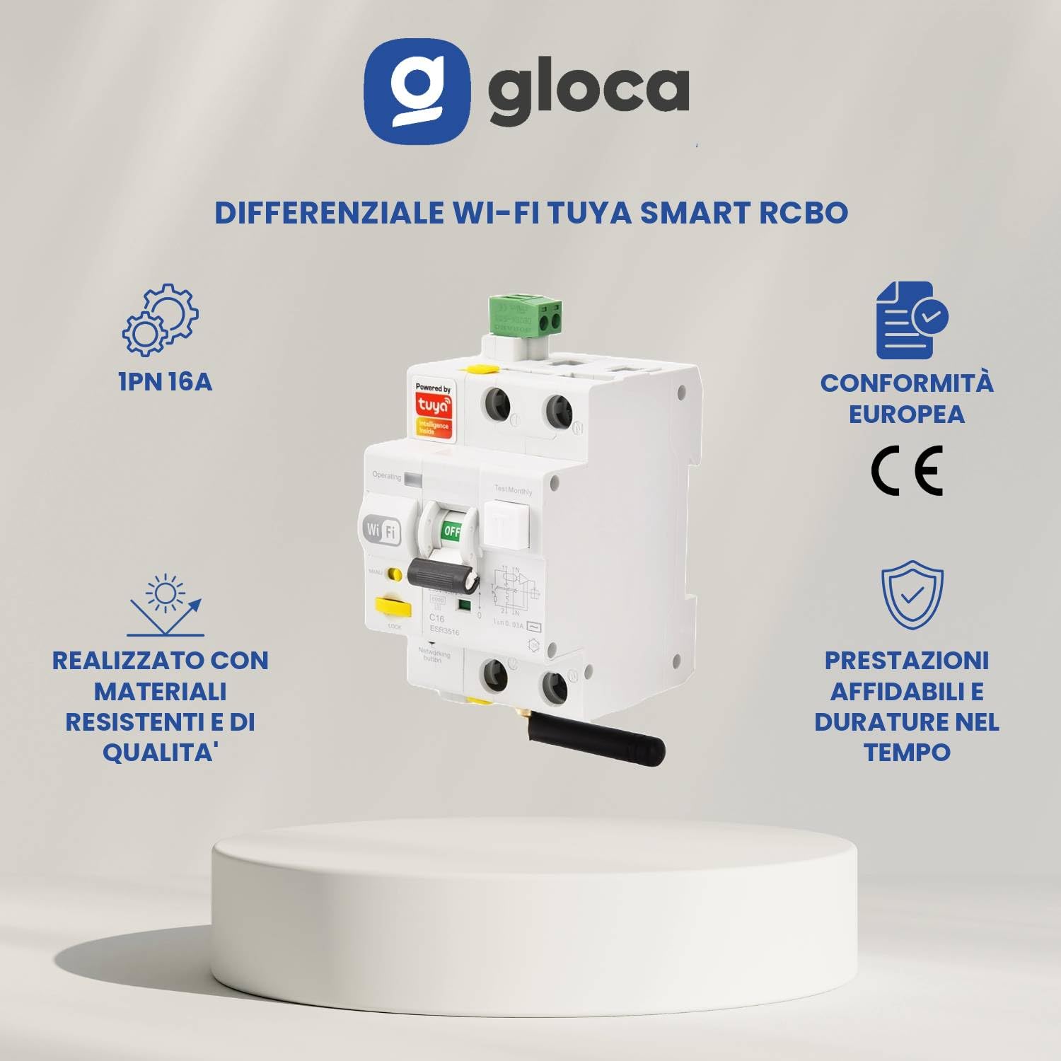 gloca Differenziale Magnetotermico Wi-Fi Smart Con App Tuya Smart RCBO Riarmo Automatico Tramite APP 3M 1PN 16A 6KA 30mA 220V
