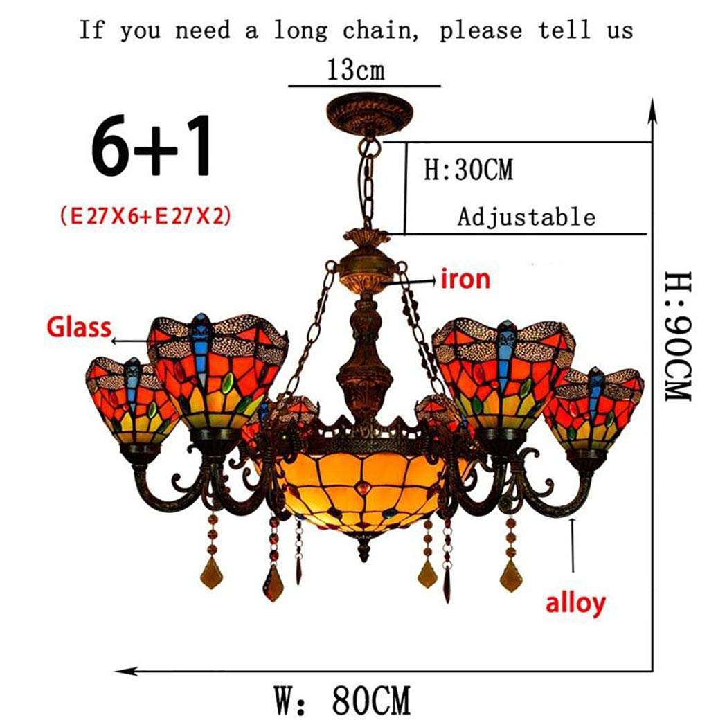 Żyrandol W Stylu Tiffany W Stylu Wiktoriańskim Z 6 Światłami, Europejska Czerwona Lampa Wisząca Z Wielogłowicowym Szkłem W Kształcie Ważki Do Salonu, Jadalni I Willi
