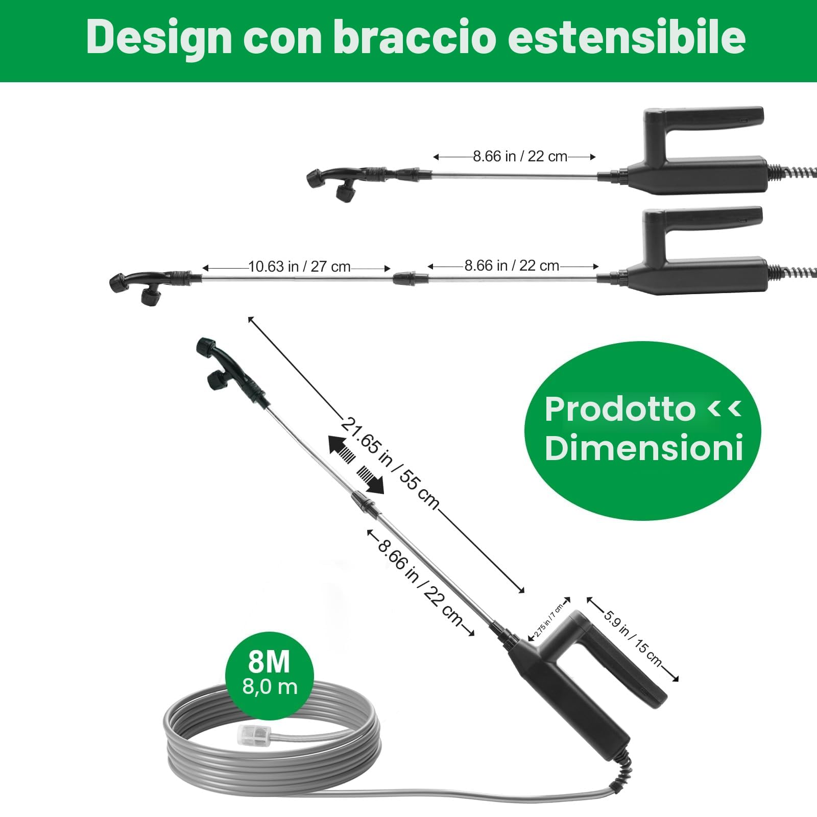 SYLSTAR Pompa Irroratrice a Batteria,3 Velocità di Pompa Irroratrice 8m,7.4V Spruzzatore Forte con Indicatore di Batteria, 4 Ugelli Regolabili Nebulizzatore Piante con 60CM Asta Telescopica