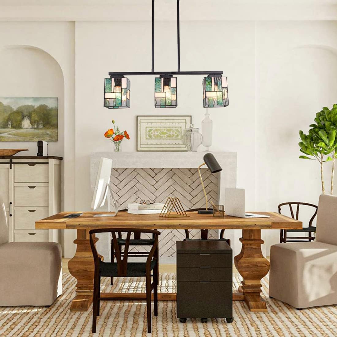 ARTZONE Tiffany Pendant Light Fixture[3 Lights][24''Wide*Adjustable Height] Stained Glass Tiffany Hanging Chandelier for Kitchen Island Dining Room(Green)