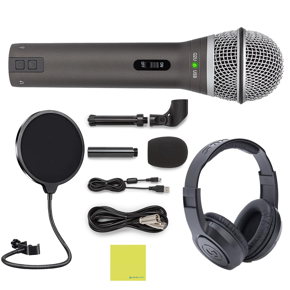 Liquid Audio - Samson Q2U USB/XLR Dynamic Microphone Bundle with Over Ear Samson Stereo Headphones SR350, Pop Filter, Desktop Tripod, Mic Clip a Windscreen, USB Cable, XLR Cable & Polishing Cloth