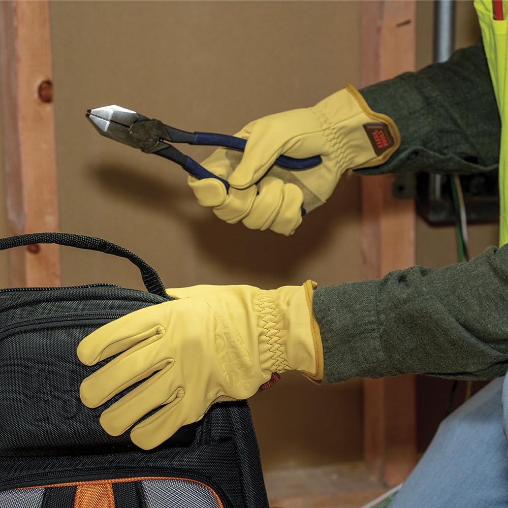 Klein Tools 60604 Work Gloves, Premium Cowhide Leather Gloves, Abrasion-Resistant Split Leather Palm Patch, Large
