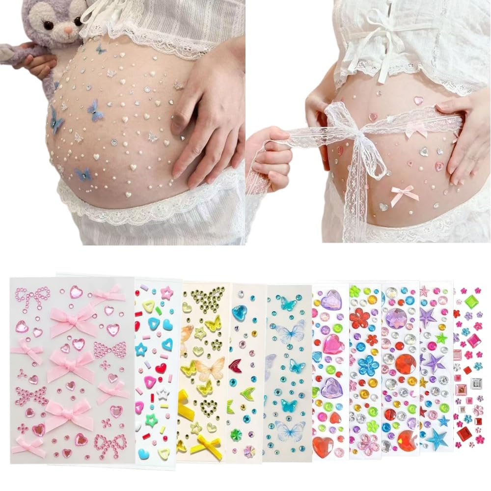 10Pcs Maternity Belly Acrylic Diamond Stickers, Self-Adhesive Sparkling Gem, Butterfly, Bow, Heart Decor for Pregnant Photo Props, Bling Stickers for Expectant Mom Baby Bump Photography