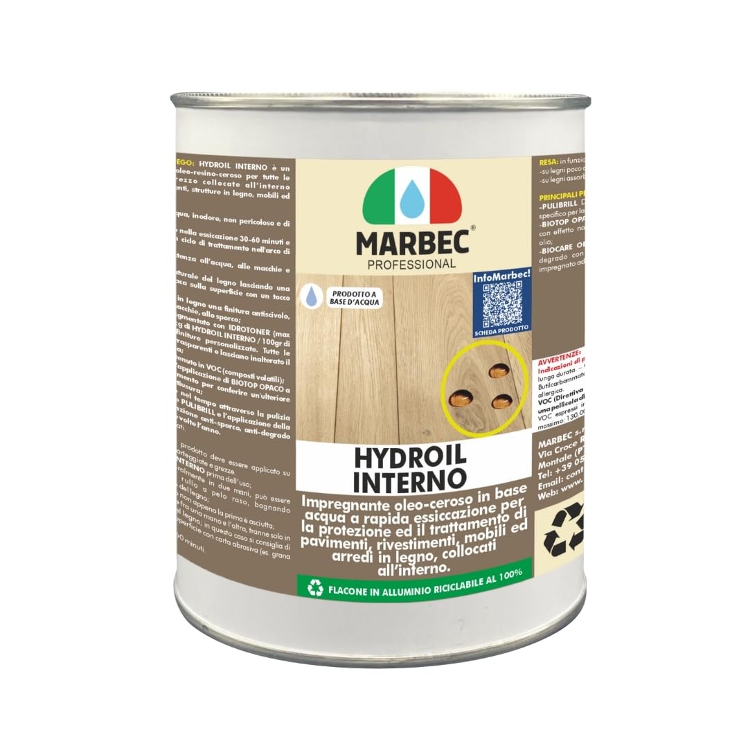 MARBEC HYDROIL INTERNO 1KG Olio impregnante per legno interno grezzo in base acqua a rapida essiccazione. Ideale per il trattamento fai da te di pavimenti, arredi e serramenti.