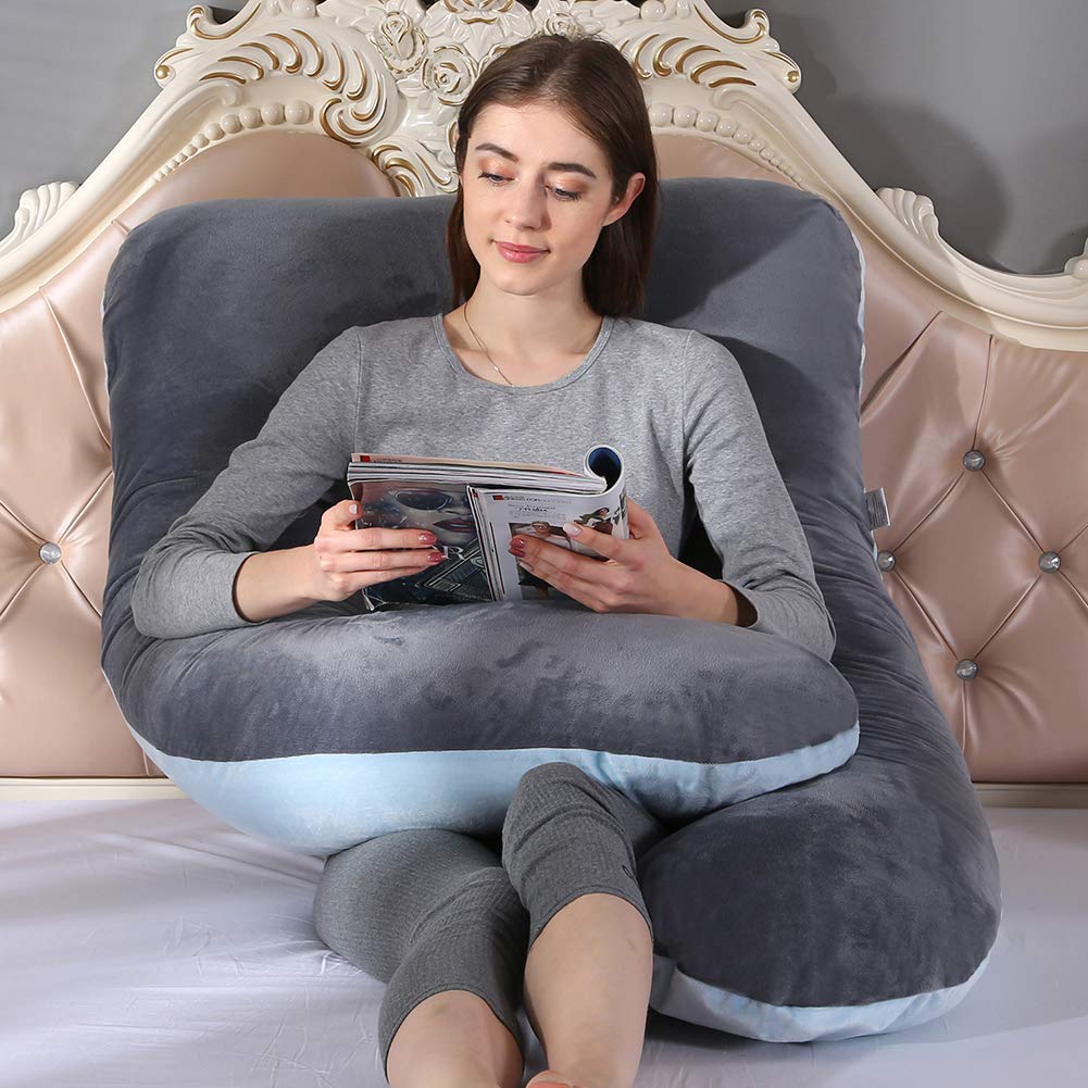 Cuscino per allattamento a forma di U con cerniera rimovibile in velluto di cotone per donne incinte, supporto schiena, fianchi, gambe, velluto, grigio + blu