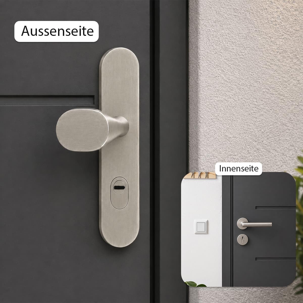MS Beschläge Haustür Wechselgarnitur Edelstahl 10/92mm mit Kernziehschutz - Schutzbeschlag mit Außenschild und Innenrosetten - Kombibeschlag Türdrücker PZ matt geb. (Griffplatte/Drücker, DIN rechts)