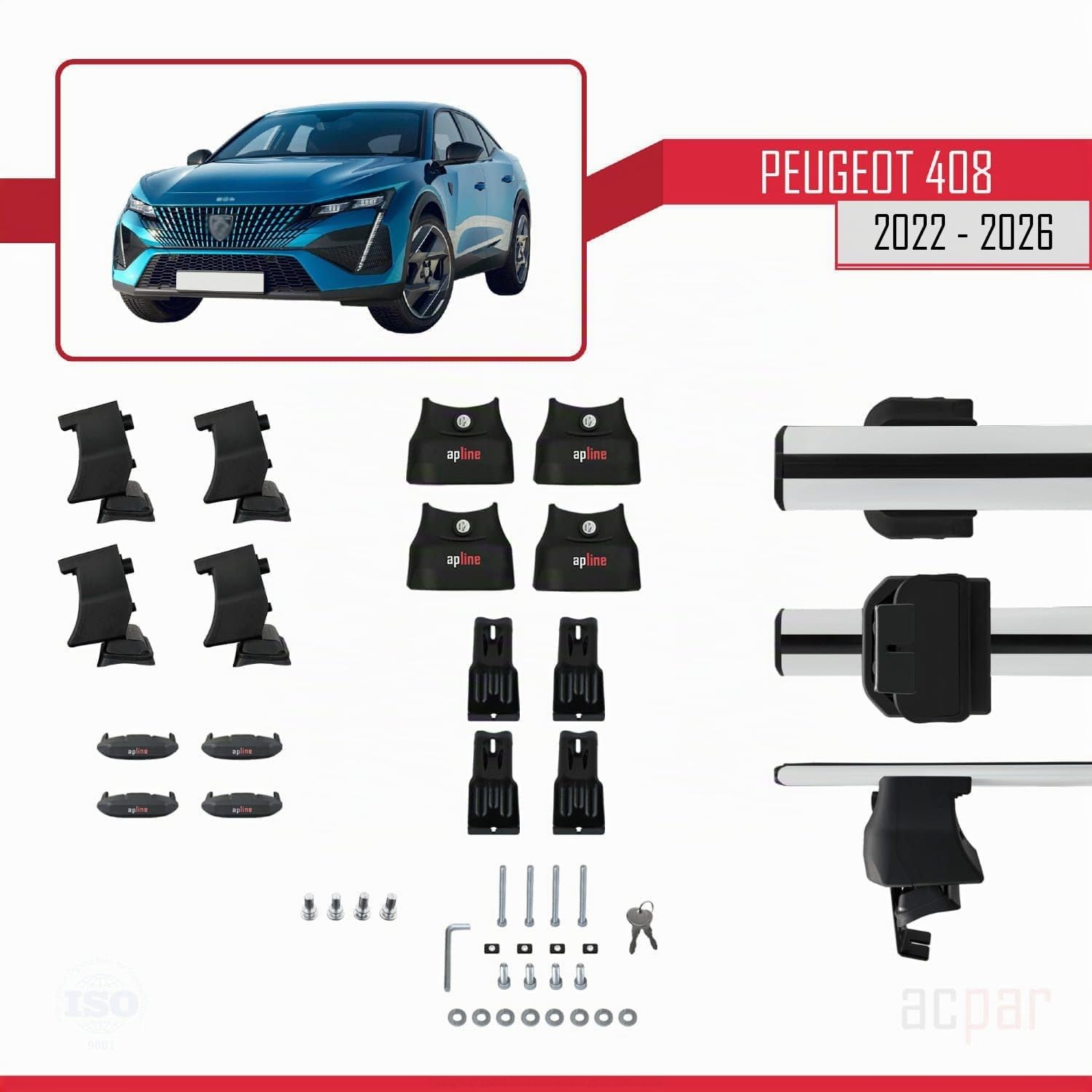 Compatible avec Peugeot 408 (P54) 2022-2026 ACE-4 Barres de Toit Railing Porte-Bagages de Voiture Gris Aluminium 2 Barres