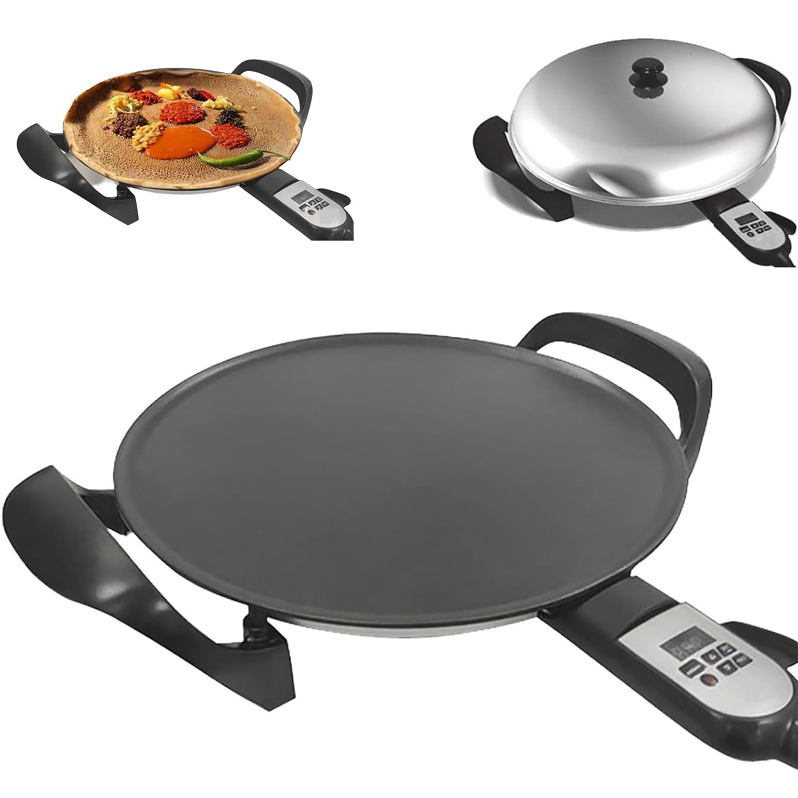 Crepe Maker Elettrico 1700W con Coperchio in Acciaio Inossidabile, griglia Antiaderente per injera e focacce, Display Digitale a Temperatura Regolabile