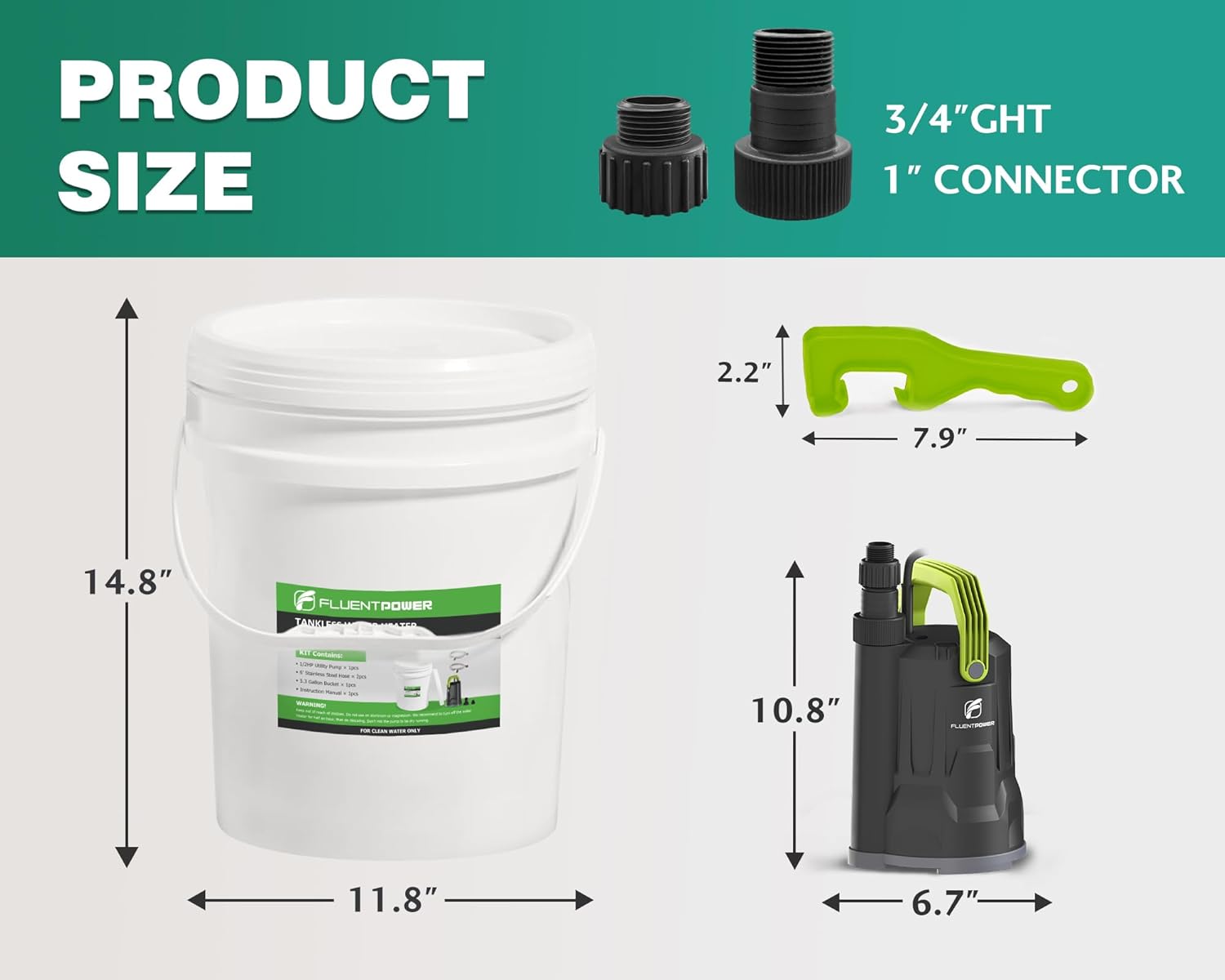 FLUENTPOWER Tankless Water Heater Descaling Flush Kit, Includes 1/2HP Submersible Utility Water Pump with Adapters, 5.3 Gallon Pail with Bucket Lid Opener, Two 3/4"GHT x 6' Stainless Steel Hoses