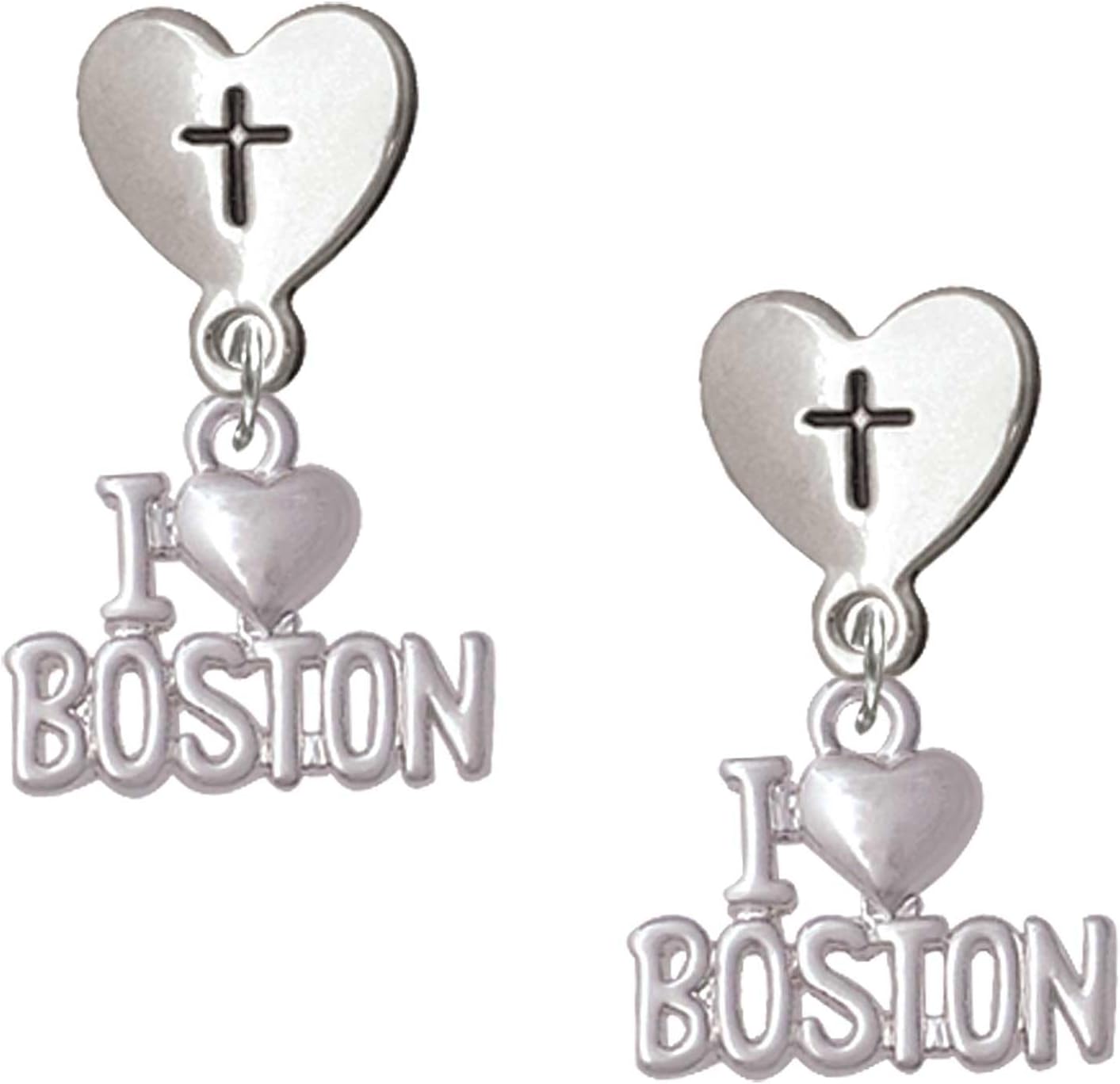 Delight Jewelry I 'Heart' Boston Silvertone Cross in Heart Post Dangle Earrings