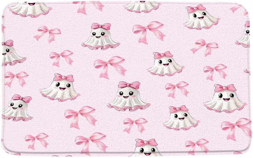 Pink Cute Ghost Bath Mat Spooky Halloween Ghosts Bow Princess Style Cartoon Funny Happy Holiday Bathroom Kitchen Absorbent Carpet Doormat Area Rugs 24x48 Inch