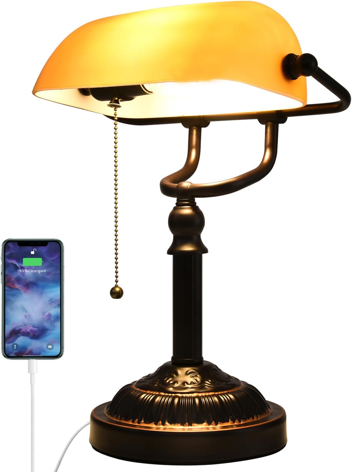 Traditional Bankers Lamp with Pull Chain Switch USB Port, Amber Glass Shade, Vintage Library Lamp for Office