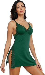Glox Women's Lingerie Sexy Nightgowns Lace Chemise Strap Babydoll Chemise | Lace Trim V Neck Sexy Lingerie Dress Sleepwear with Side Slit Anniversary, Bedroom, Valentine's Day