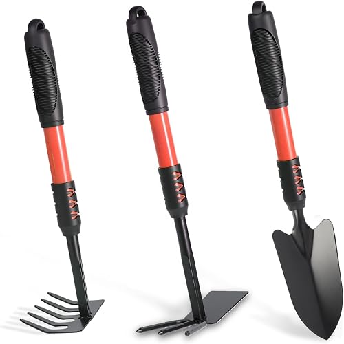 Garden Tool Set, 3 Pack Lightweight Heavy Gardening Kit Including Hand Shovel, Transplant Shovel and Hand Rake with Soft Rubber Non-Slip Handle, for Planting Weeding Digging, Orange