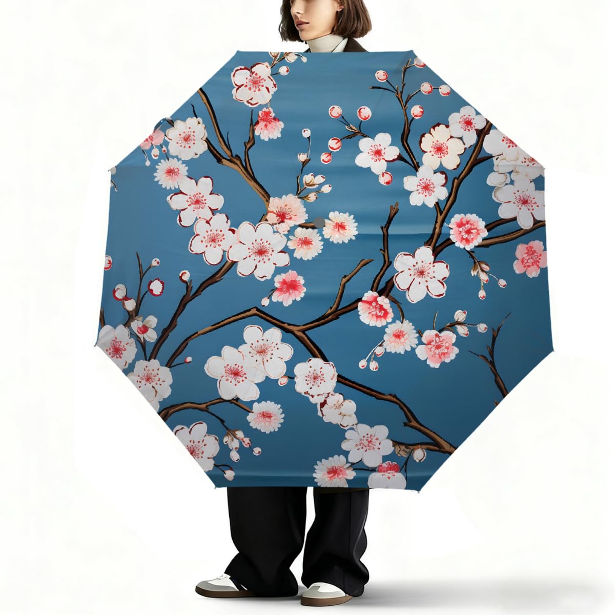 Ombrello pieghevole da viaggio con fiori di ciliegio giapponese retrò ombrello compatto antivento impermeabile con protezione UV rivestimento nero leggero 8 stecche portatile per pioggia sole