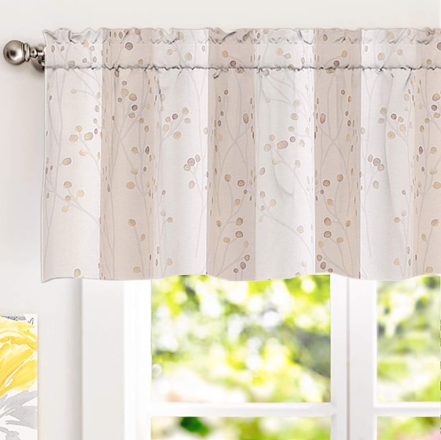 DriftAway Harper Ink Floral Pattern Window Treatment Valance Curtain Living Room Bedroom Dining Room Rod Pocket 52 Inch by 18 Inch Plus 2 Inch Header Watercolor Painting Beige
