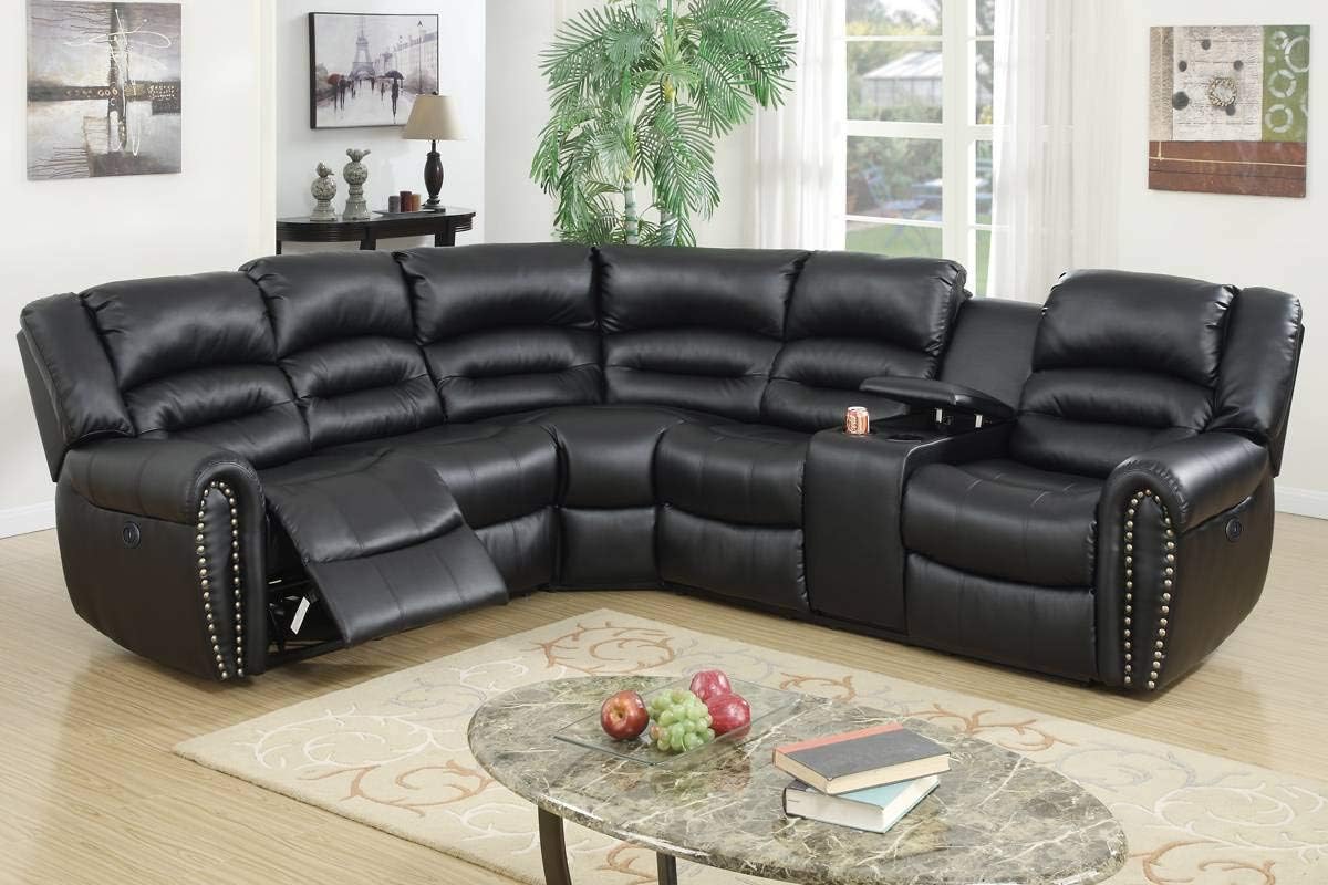 Lisbon Power Motion Sectional Sofa with Console in Black Bonded Leather